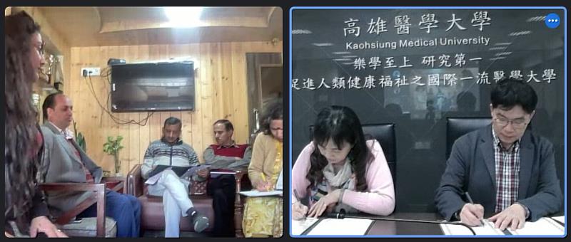 Shivalik護理學校Shama Lohumi校長及護理系Khushi Ram主任與高醫大周汎澔副校長及生命科學院許智能院長分別代表雙方簽署MOU
